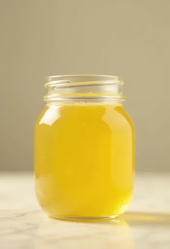 Złociste ghee w małym słoiku z drewnianą łyżeczką na naturalnym tle
