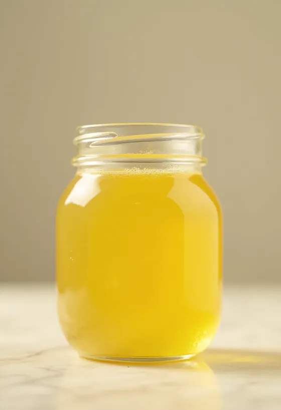 Złociste ghee w małym słoiku z drewnianą łyżeczką na naturalnym tle