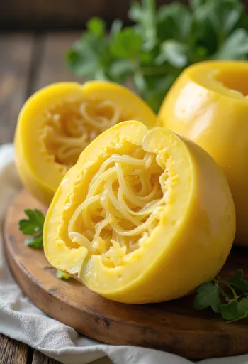 Przekrojona dynia makaronowa, widoczne wnętrze i włókna przypominające spaghetti