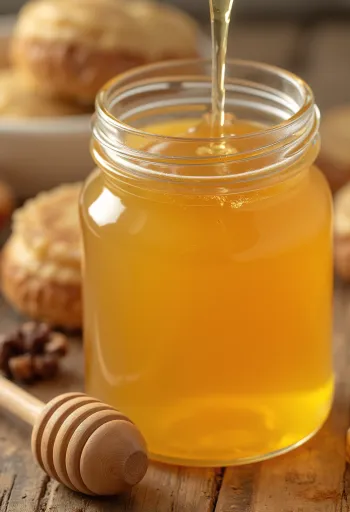 Syrop z agawy w małej butelce, obok drewniana łyżka, czyste tło