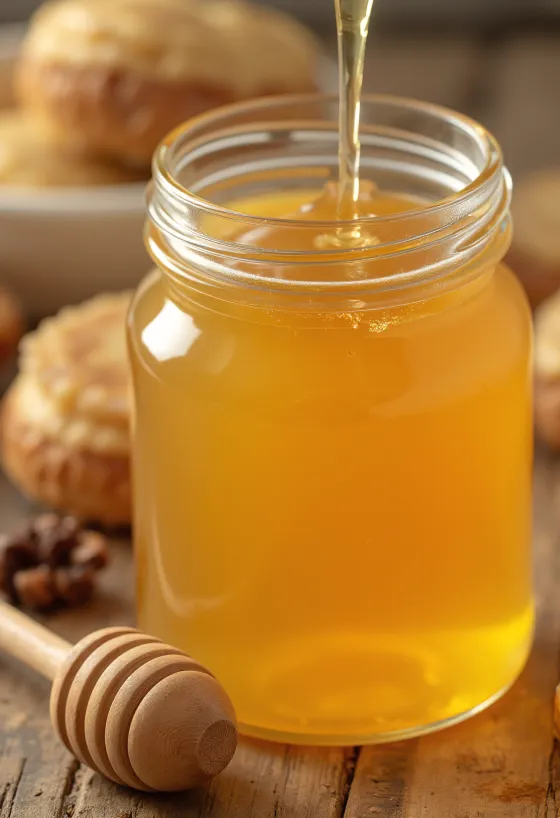 Syrop z agawy w małej butelce, obok drewniana łyżka, czyste tło