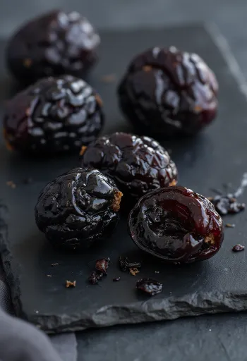 Suszone śliwki w ceramicznej misce, ze świeżymi śliwkami, cynamonem i miodem