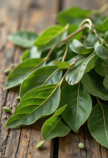 Suszone liście laurowe na drewnianym blacie, w naturalnej formie