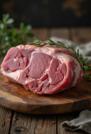 Surowy filet z udźca jagnięcego na rustykalnym drewnie
