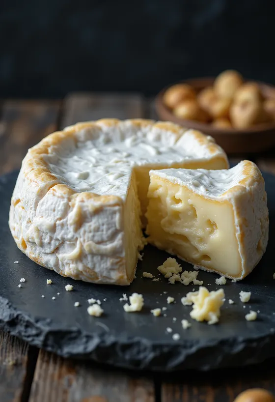 Świeży ser Brie w białej ceramicznej misce na drewnianym stole
