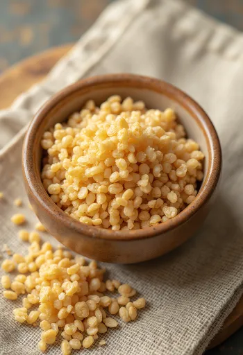 Surowy bulgur w ceramicznej misce, z ziarnami rozsypanymi na drewnianym tle