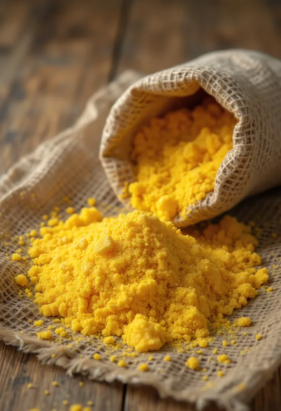 Gruboziarnista, złocistożółta mąka kukurydziana (polenta) w drewnianej misce i rozsypana na blacie