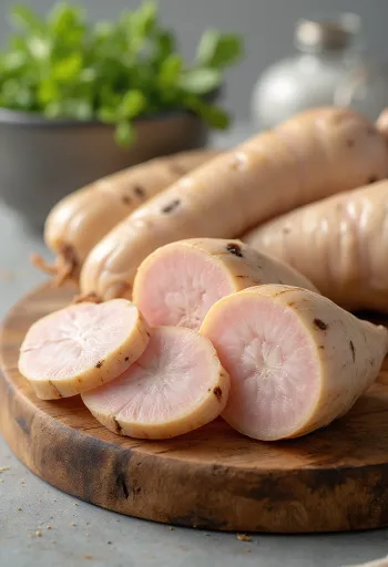 Świeże kłącze galangalu pokrojone w plastry w miseczce