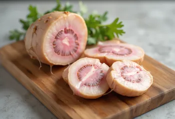 Świeże kłącze galangalu pokrojone w plastry w miseczce