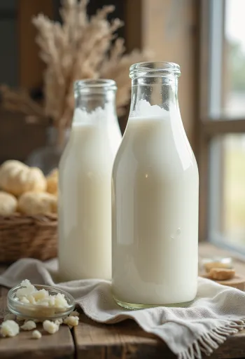 Świeże mleko owcze w szklance i dzbanku na jasnym blacie, naturalna forma