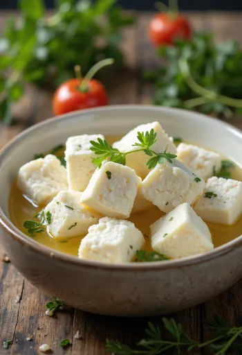 Świeży ser Feta owczy w ceramicznej misce na stole