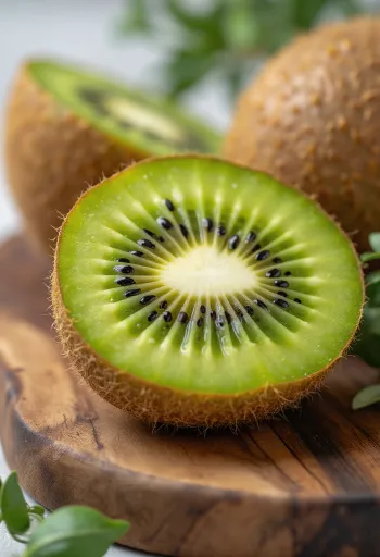 Świeże kiwi pokrojone i w całości, w misce i na stole, ze szklanką soku z kiwi