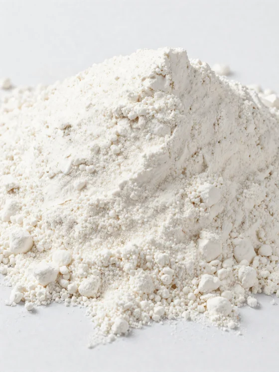 Mąka kokosowa w ceramicznej misce, jasny proszek na drewnianym tle