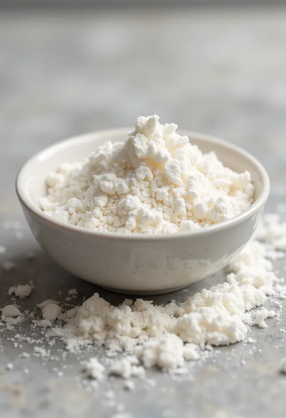 Mleko kokosowe w proszku w miseczce i rozsypane na blacie