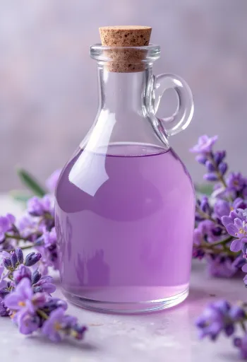 Domowy syrop lawendowy w butelce ze świeżą lawendą