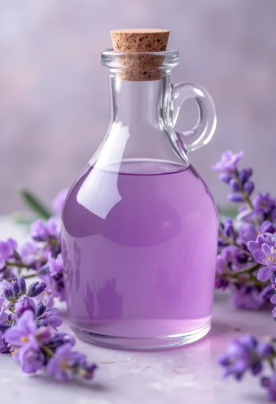 Domowy syrop lawendowy w butelce ze świeżą lawendą