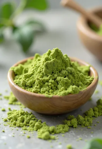 Proszek matcha w ceramicznej misce obok bambusowej miotełki i łyżeczki
