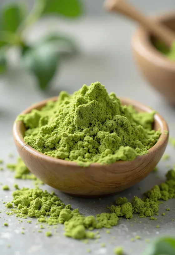Proszek matcha w ceramicznej misce obok bambusowej miotełki i łyżeczki