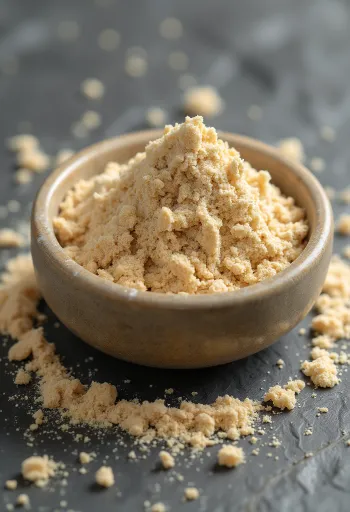 Baobab w proszku w małym słoiczku, w ziemistym brązowym kolorze, otoczony świeżymi owocami baobabu