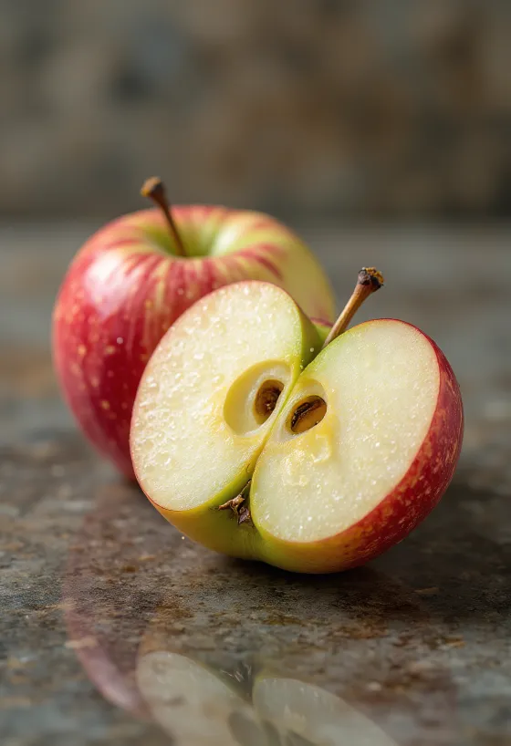 Świeże jabłka Braeburn i plasterki na desce do krojenia