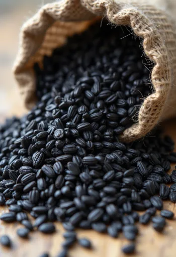 Czarny ryż w szklanym słoiczku i surowe ziarna obok