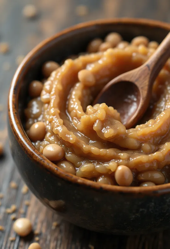 Słoik z fermentowaną soją (natto/miso) i rozsypane ziarna soi
