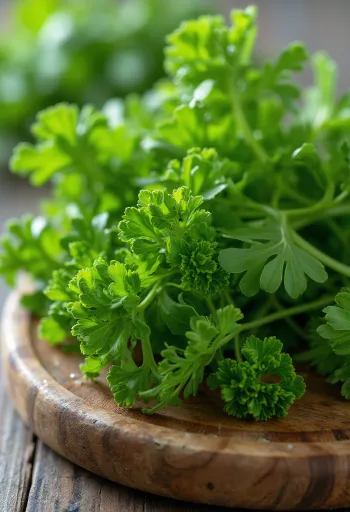 Świeża natka pietruszki karbowanej na desce