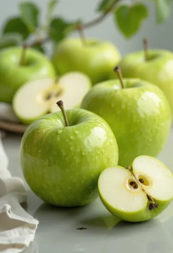 Świeże jabłka Granny Smith i plasterki na desce
