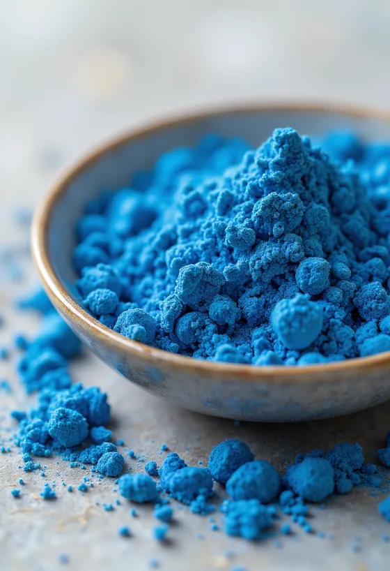 Niebieska spirulina w proszku w małym słoiku, żywy błękitny kolor, w otoczeniu alg