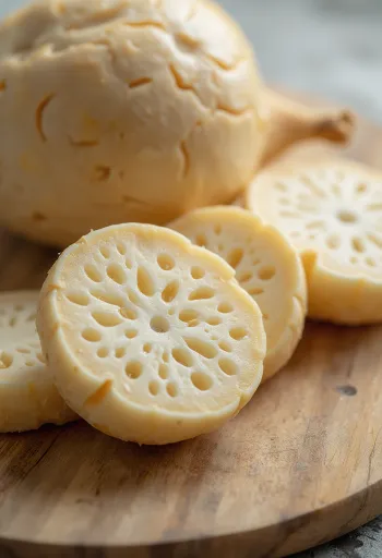 Pokrojony korzeń lotosu na desce, w otoczeniu warzyw