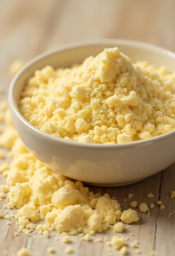 Lucuma w proszku w słoiku, żółty kolor, w otoczeniu świeżych owoców