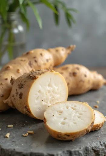 Pokrojony maniok (kassawa) na desce, w otoczeniu warzyw
