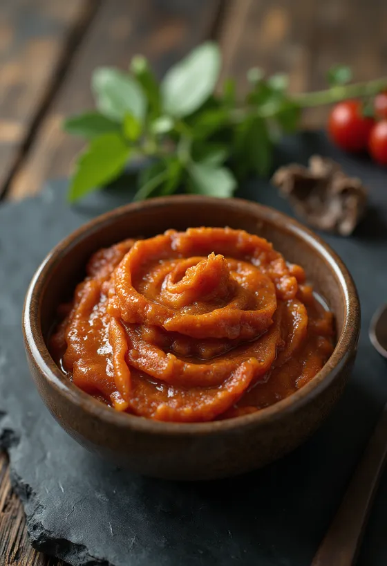 Czerwona pasta curry w małym słoiku, bogata czerwień, w otoczeniu przypraw: suszone chili, czosnek, szalotka