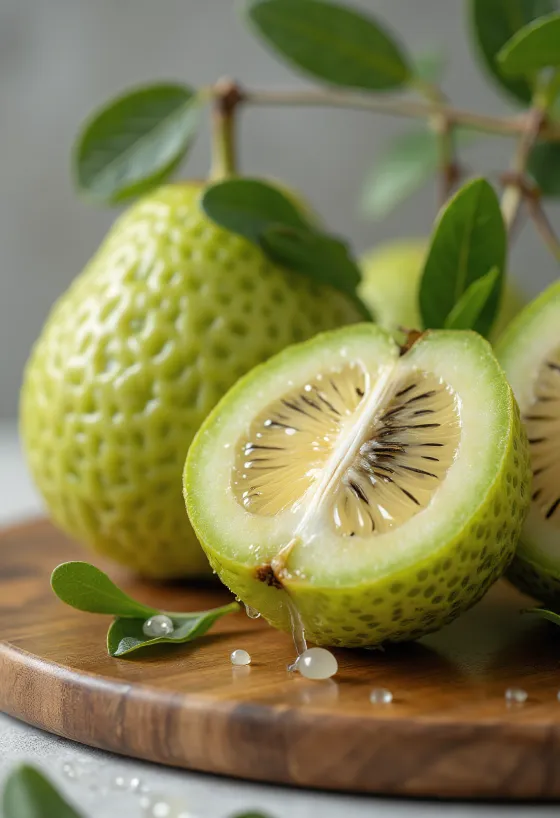 Przekrojony owoc feijoa z widocznym soczystym miąższem