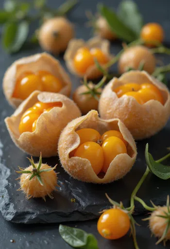 Owoce miechunki peruwiańskiej (Physalis) w papierowych osłonkach i bez
