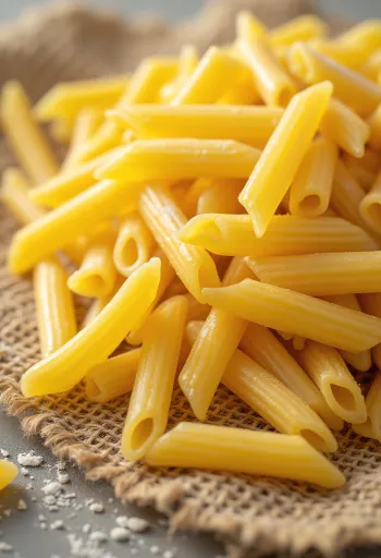 Suchy makaron penne o karbowanej powierzchni na drewnianym tle