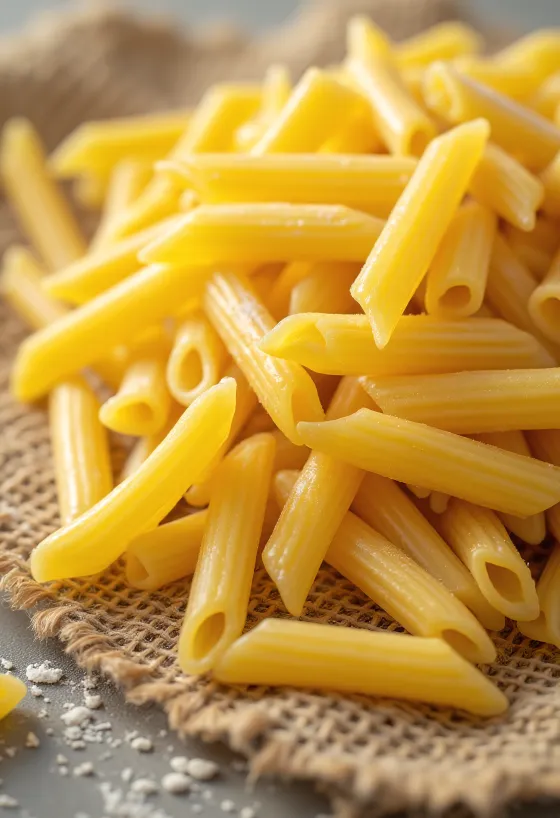 Suchy makaron penne o karbowanej powierzchni na drewnianym tle