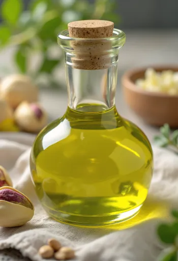 Olej pistacjowy w małej buteleczce, obok łuskane pistacje w miseczce