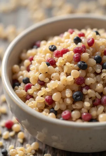 Mieszanka surowych ziaren quinoa w ceramicznej miseczce na drewnie