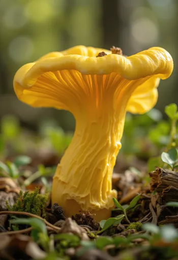 Świeże kurki na rustykalnej desce kuchennej, w jasnym świetle naturalnym