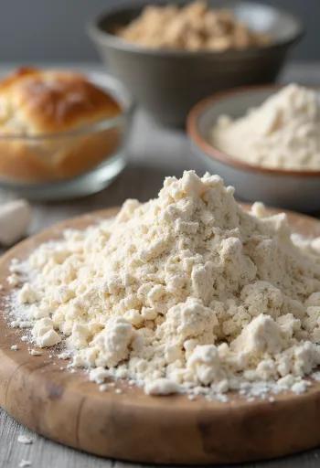 Surowa mąka żytnia chlebowa w ceramicznej misce, rozsypana na drewnie