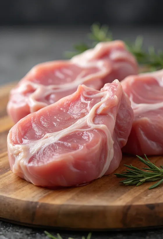 Świeże kawałki wieprzowiny na desce do krojenia w otoczeniu przypraw