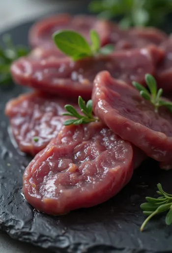 Pokrojona surowa wątróbka wieprzowa na drewnianej desce, ciemnobordowe filety