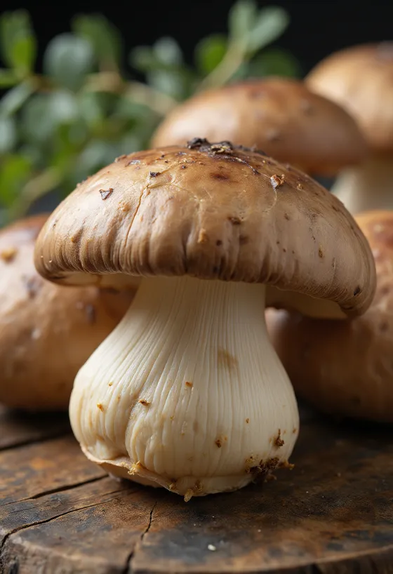 Świeże grzyby shiitake na bambusowej desce z sosem sojowym i imbirem