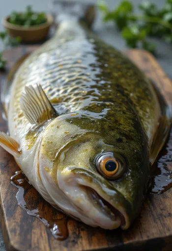 Świeże filety z okonia z przyprawami i cytryną na drewnianej desce