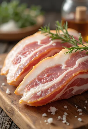 Plastry surowego boczku na drewnianej desce z widocznymi warstwami mięsa i tłuszczu