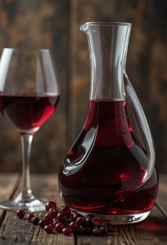 Wytrawne czerwone wino w kieliszku, wokół ciemne winogrona, moszcz i surowa beczka