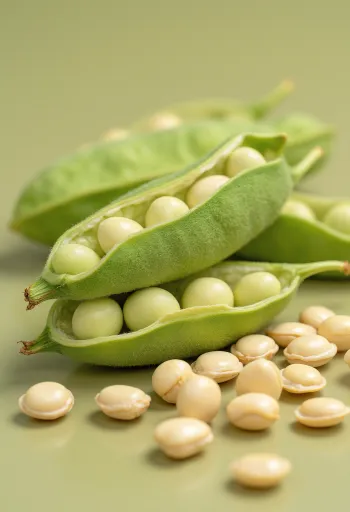 Ziarna soi w ceramicznej misce i rozsypane na drewnianym stole, ze strąkami edamame i liśćmi