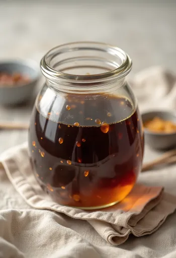 Sos tamari w ceramicznej miseczce, wokół fermentowana soja i sól morska na rustykalnym tle