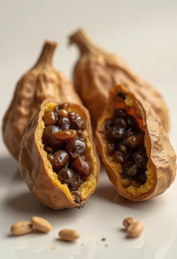 Całe i otwarte strąki tamaryndowca z brązową skórką, miąższem i czarnymi nasionami